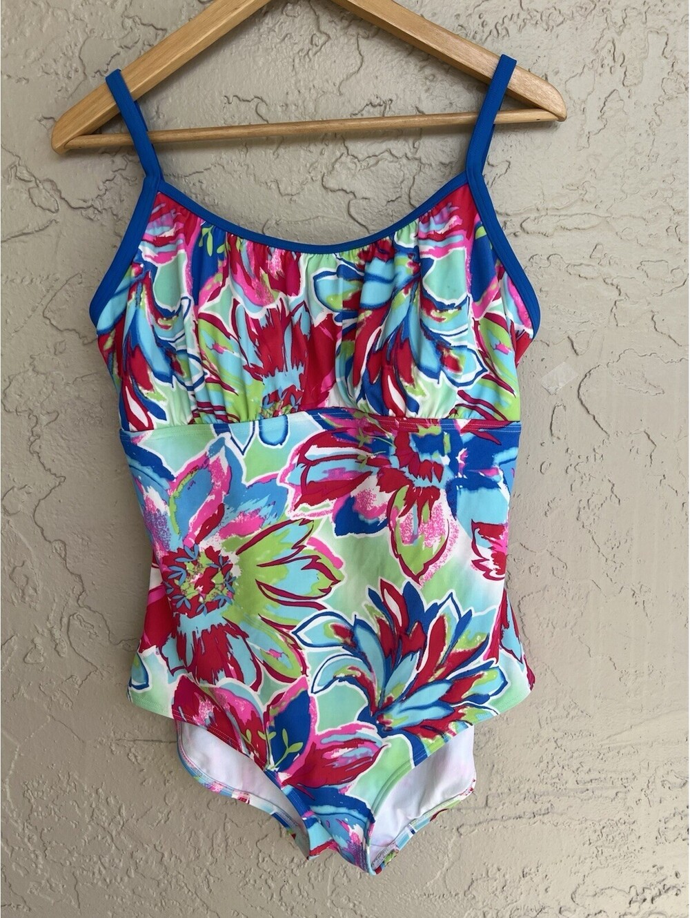Gabar Vintage Bright Green Red Blue 1 Pc. Swimsuit Size 16 Built-In Bra